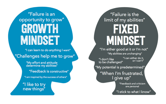 The embedded image shows two heads: one with grwoth mindset quotes and one with fixed mindset quotes. The growth mindset quotes read 